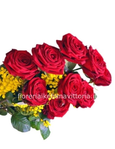 3 rose rosse a gambo lungo, con mimosa