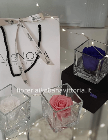 Rose stabilizzate bianca su cubo in vetro